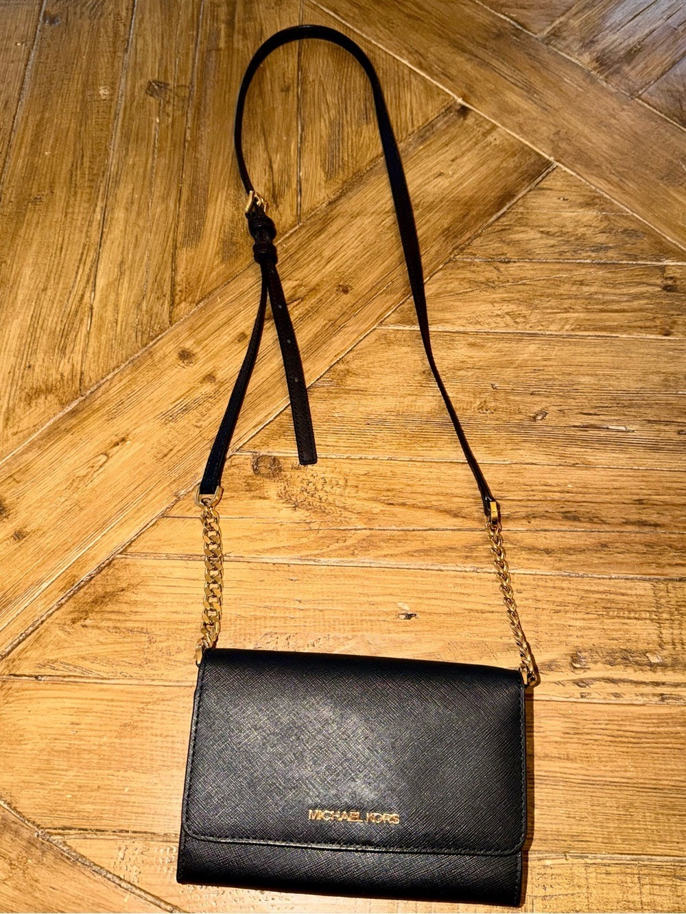 Michael Kors Black Saffiano Leather Jet Set Wallet on Chain Crossbody Flap Bag